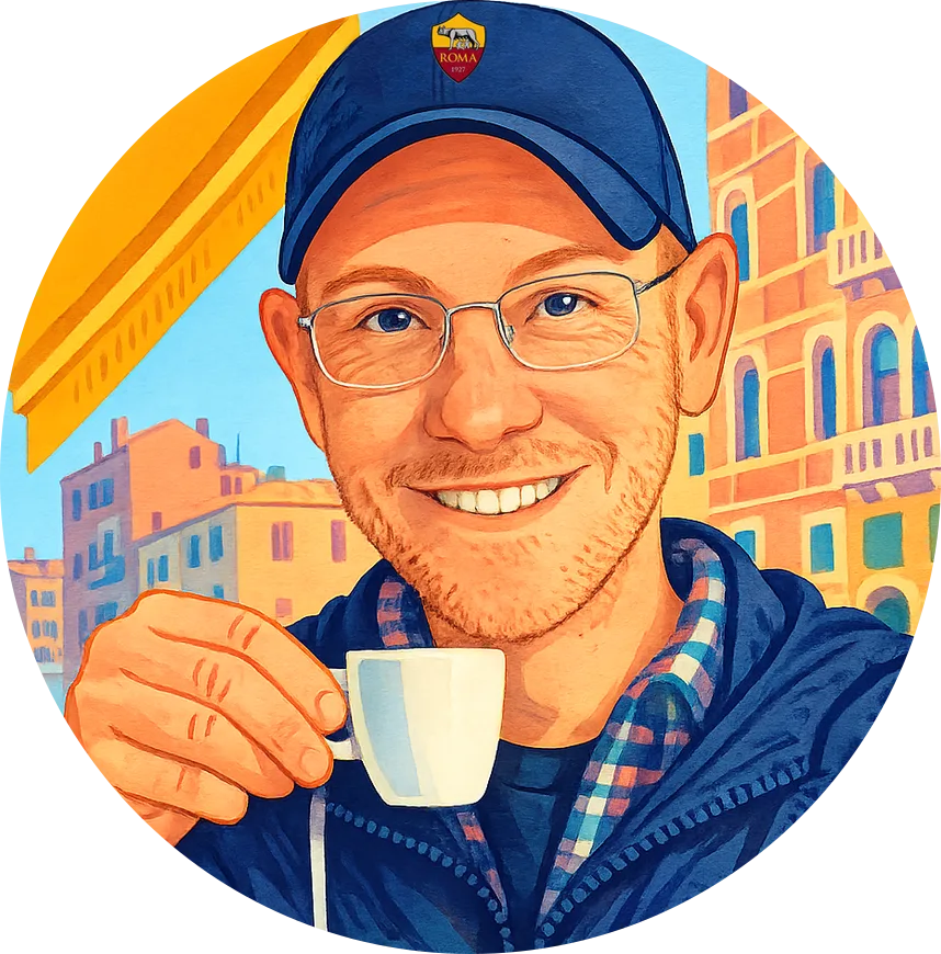 A hand-drawn illustration of me wearing a blue baseball cap, sipping an espresso on a sunny Venetian terrace