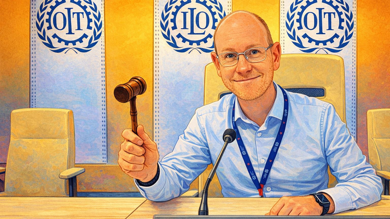 A hand-drawn illustration of me at a conference desk, raising a gavel in front of ILO logo banners